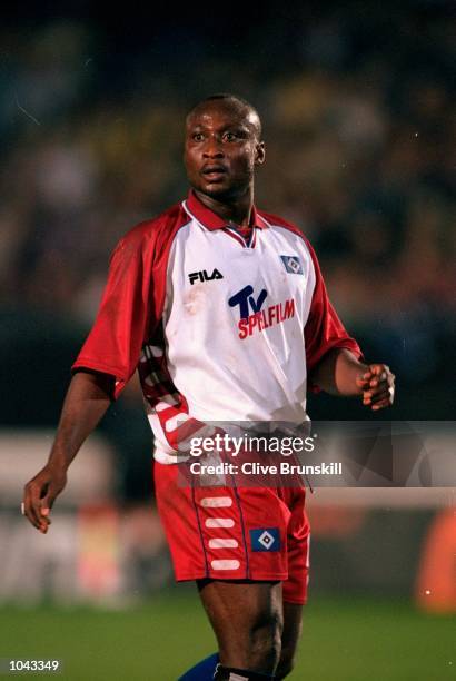 Tony Yeboah of Hamburg in action during the European Champions League third qualifying round second leg match against Brondby at the...