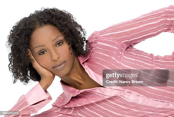 african american beautiful woman on white. - pink shirt stock pictures, royalty-free photos & images