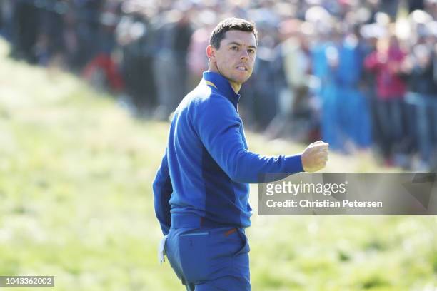 Rory McIlroy of Europe celebrates on the fifth green during singles matches of the 2018 Ryder Cup at Le Golf National on September 30, 2018 in Paris,...