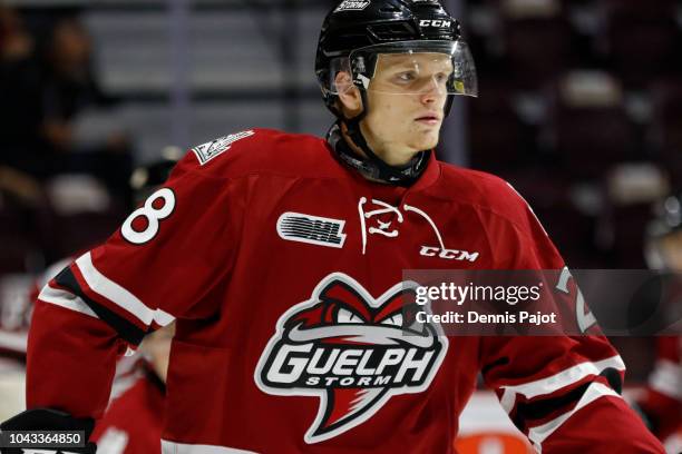 Defenceman Mark Woolley of the Guelph Storm skates against the Windsor Spitfires on September 20, 2018 at the WFCU Centre in Windsor, Ontario, Canada.