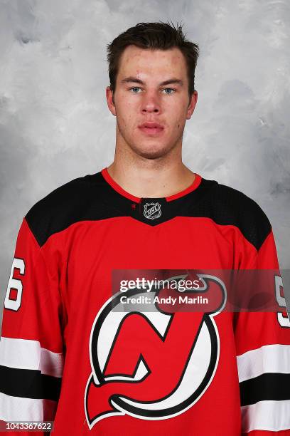 Blake Pietila of the New Jersey Devils poses for his official headshot of the 2018-2019 season on September 13, 2018 at Prudential Center in Newark,...