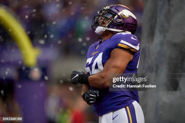 Eric Kendricks of the Minnesota Vikings runs onto the field during player introductions before the game against the Buffalo Bills at U.S. Bank...