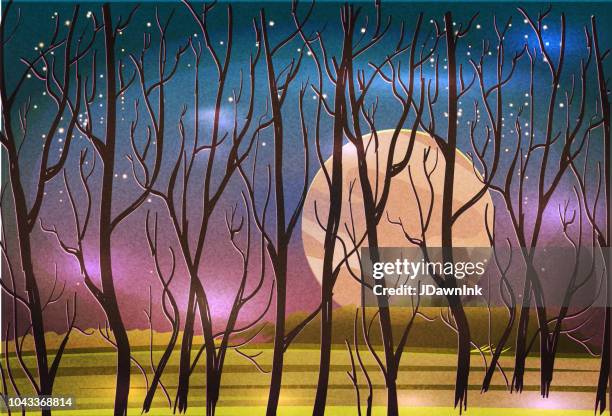 stockillustraties, clipart, cartoons en iconen met de daling van de surrealistische herfst landschap met bomen, sterrenhemel. - harvest moon