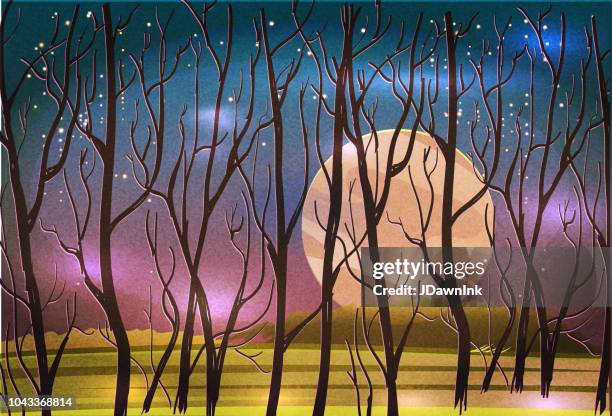 surreal fall autumn landscape with trees, starry sky. - harvest moon stock illustrations