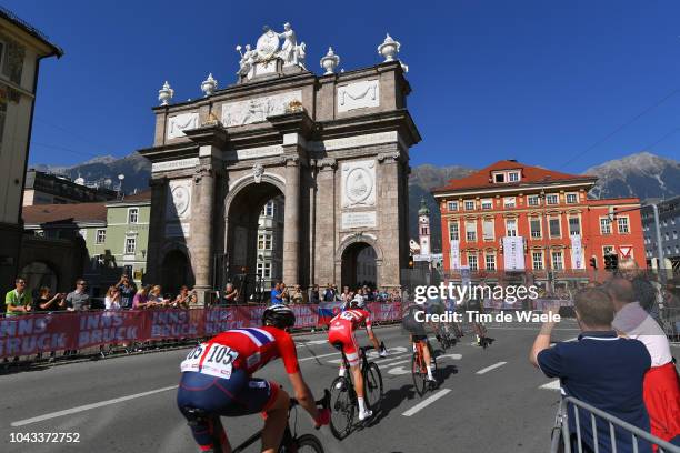 Vegard Stake Laengen of Norway / Kasper Asgreen of Denmark / Triumphal Arch / Triumphforte / Innsbruck City / Landscape / Peloton / Fans / Public /...