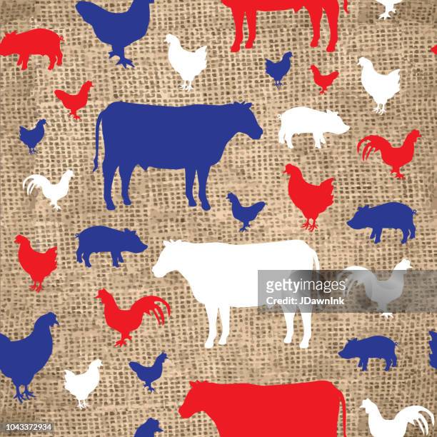 seamless background with burlap and farm animal silhouettes - burlap sack stock illustrations