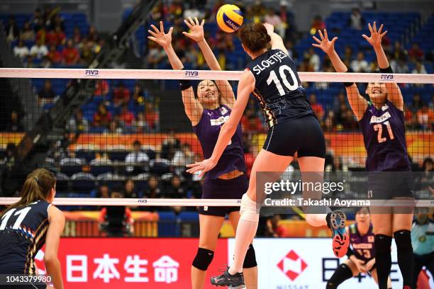 Lonneke Sloetjes of the Netherland spikes during the Group A match between Japan and Netherlands on day two of the FIVB Women's World Championship at...