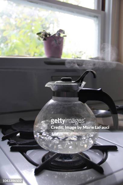 water boiling in a whistling tea kettle - boiling steam stock pictures, royalty-free photos & images
