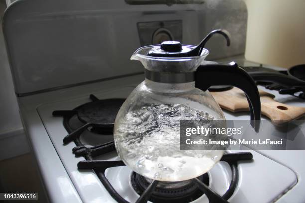 water boiling in a whistling tea kettle - boiling water stock pictures, royalty-free photos & images