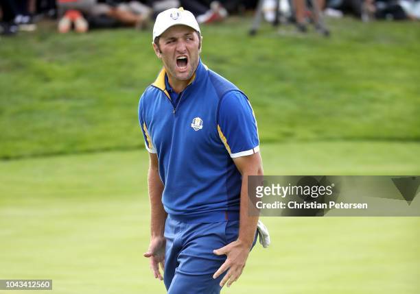 Jon Rahm of Europe celebrates winning his match on the 17th during singles matches of the 2018 Ryder Cup at Le Golf National on September 30, 2018 in...