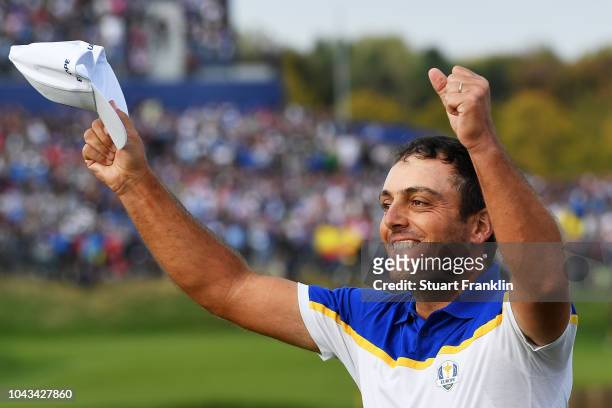 Francesco Molinari of Europe celebrates winning The Ryder Cup during singles matches of the 2018 Ryder Cup at Le Golf National on September 30, 2018...