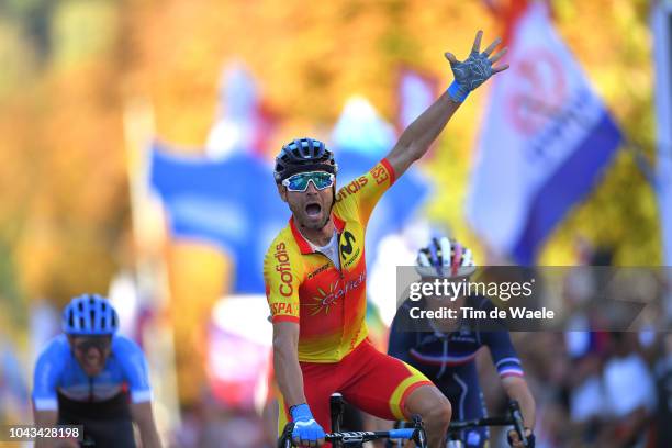 Arrival / Alejandro Valverde of Spain Celebration / Romain Bardet of France / Michael Woods of Canada during the Men Elite Road Race a 258,5km race...