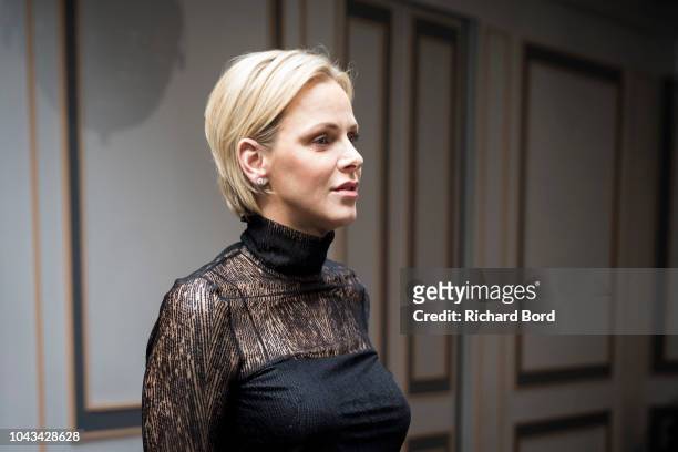 Princess Charlene of Monaco arrives backstage before the Akris show as part of the Paris Fashion Week Womenswear Spring/Summer 2019 on September 30,...