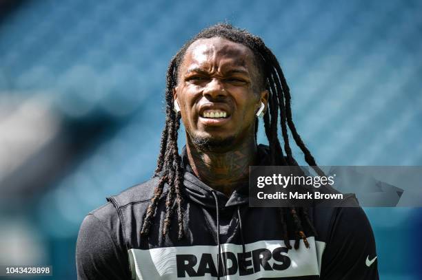 Martavis Bryant of the Oakland Raiders warms up before the game against the Miami Dolphins at Hard Rock Stadium on September 23, 2018 in Miami,...