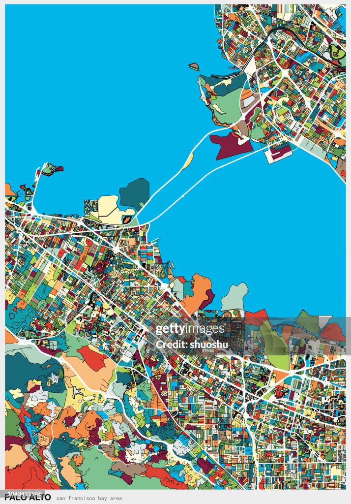 Art illustration map,palo alto city of San Francisco Bay Area