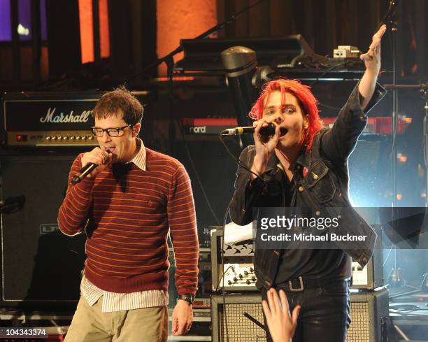 Rivers Cuomo of Weezer and Gerard Way of My Chemical Romance perform at the "AXE Music One Night Only" concert series featuring Weezer at Dunes Inn...