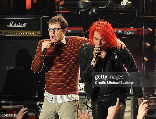 Rivers Cuomo of Weezer and Gerard Way of My Chemical Romance perform at the "AXE Music One Night Only" concert series featuring Weezer at Dunes Inn...