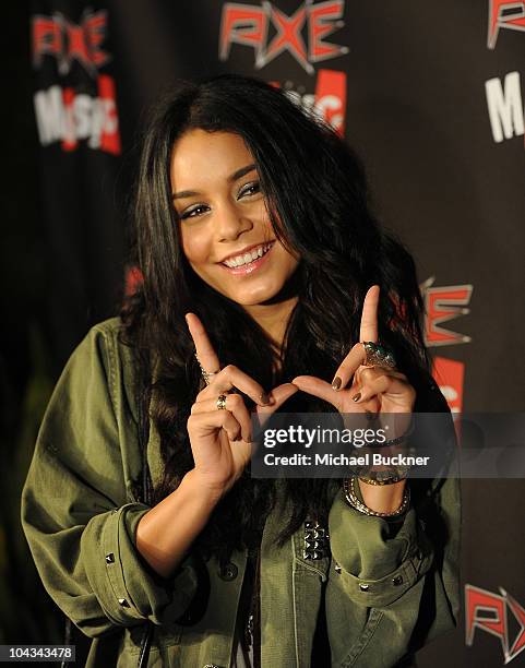 Actress Vanessa Hudges arrives at the "AXE Music One Night Only" concert series featuring Weezer at Dunes Inn Motel - Sunset on September 21, 2010 in...