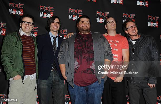 Rivers Cuomo, Brian Bell, actor Jorge Garcia, Patrick Wilson and Scott Shriner of Weezer attend the "AXE Music One Night Only" concert series...