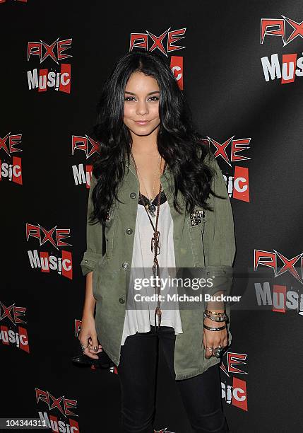 Actress Vanessa Hudges arrives at the "AXE Music One Night Only" concert series featuring Weezer at Dunes Inn Motel - Sunset on September 21, 2010 in...