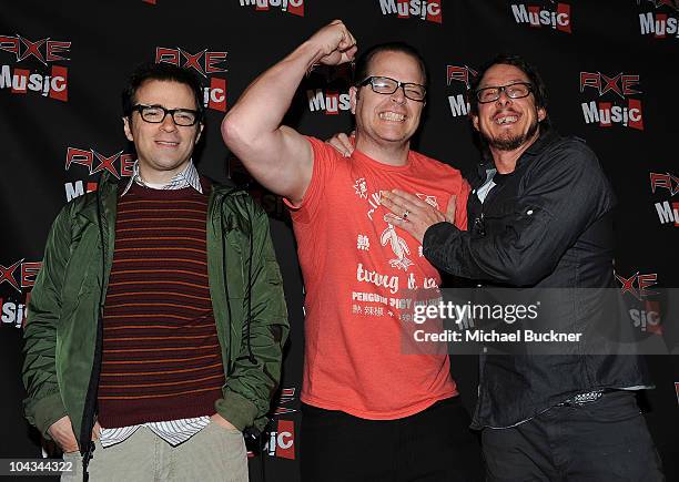 Rivers Cuomo, Patrick Wilson and Scott Shriner of Weezer attend the "AXE Music One Night Only" concert series featuring Weezer at Dunes Inn Motel -...