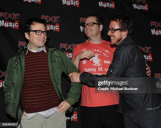 Rivers Cuomo, Patrick Wilson and Scott Shriner of Weezer attend the "AXE Music One Night Only" concert series featuring Weezer at Dunes Inn Motel -...