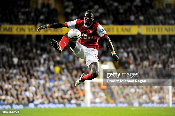 Emmanuel Eboue of Arsenal controls the ball during the Carling Cup third round match between Tottenham Hotspur and Arsenal at White Hart Lane on...