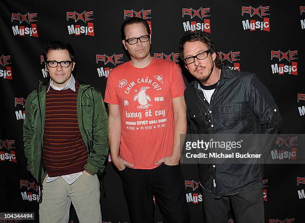 Rivers Cuomo, Patrick Wilson and Scott Shriner of Weezer attend the "AXE Music One Night Only" concert series featuring Weezer at Dunes Inn Motel -...
