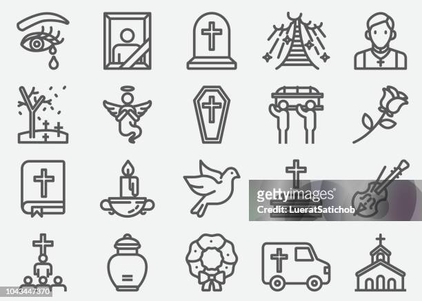 ilustraciones, imágenes clip art, dibujos animados e iconos de stock de iconos de línea de funeral - cementerio
