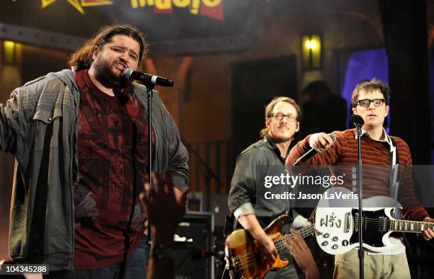 Actor Jorge Garcia and Rivers Cuomo of Weezer perform at the AXE Music "One Night Only" concert series at Dunes Inn Motel - Sunset on September 21,...