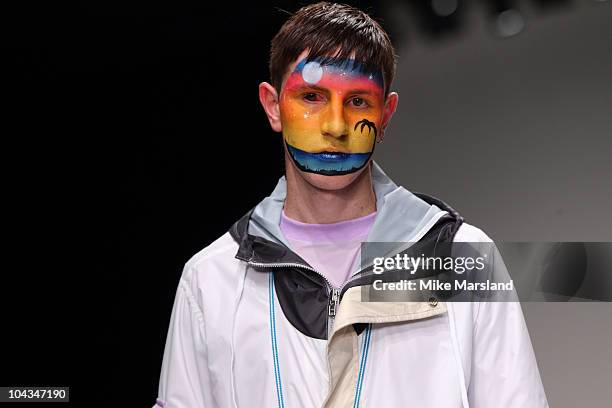 Model walks the runway at Christopher Shannon and JW Anderson S/S 2011 show at London Fashion Week at Somerset House on September 22, 2010 in London,...