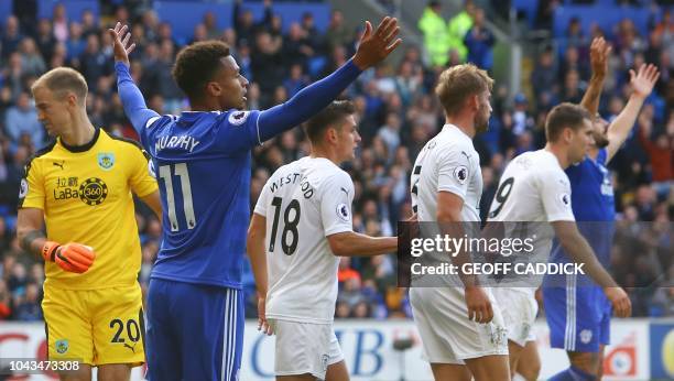 Cardiff City's English midfielder Josh Murphy reacts after a goal is dissallowed during the English Premier League football match between between...