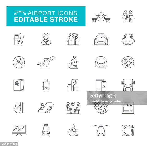 ilustraciones, imágenes clip art, dibujos animados e iconos de stock de iconos de movimiento editables de aeropuerto - security guard gate