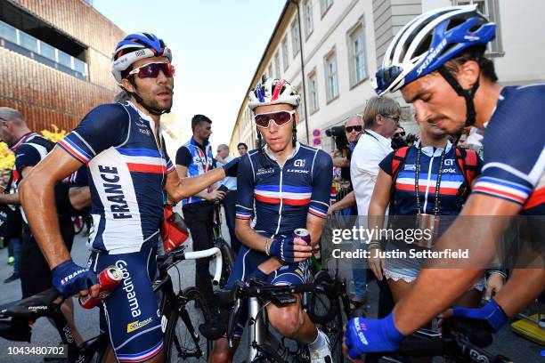 Arrival / Thibaut Pinot of France / Romain Bardet of France / Julian Alaphilippe of France / Disappointment / during the Men Elite Road Race a...