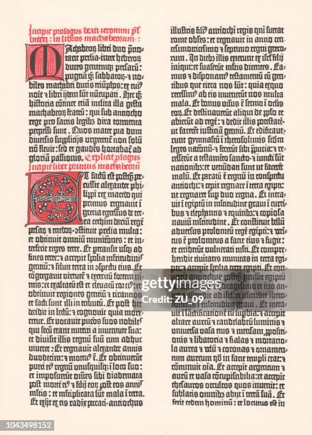 illustrations, cliparts, dessins animés et icônes de télécopieur (1885) de la quarante-deux lignes de gutenberg (mazarin)-bible, publié 1452/54 - enluminures