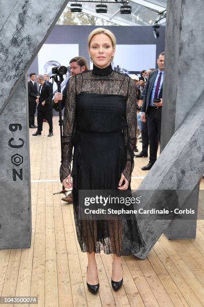 Princess Charlene of Monaco attends the Akris show as part of the Paris Fashion Week Womenswear Spring/Summer 2019 on September 30, 2018 in Paris,...