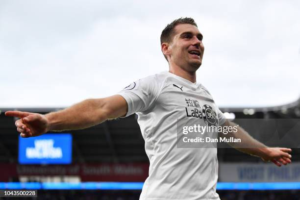 Sam Vokes of Burnley celebrates after scoring his team's second goal during the Premier League match between Cardiff City and Burnley FC at Cardiff...