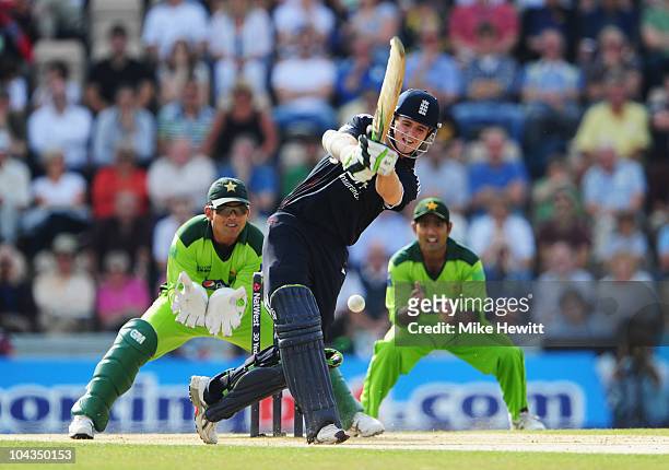 Steven Davies of England plays the shot which led to his dismissal, stumped by Kamran Akmal of Pakistan off the bowling of Mohammad Hafeez during the...