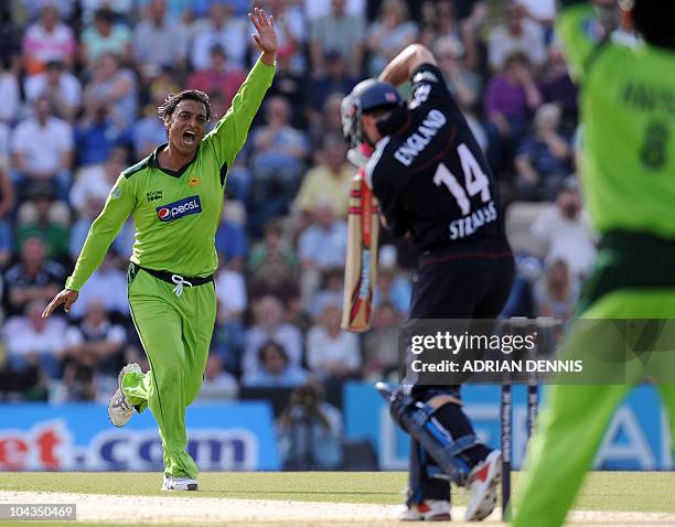 Pakistan's bowler Shoaib Akhtar , appeals for the wicket of England's Andrew Strauss , during the fifth One Day International cricket match between...