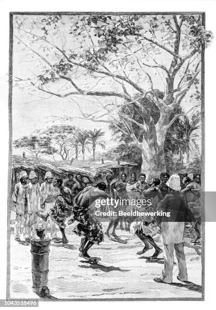 french army with pith helmets in kingdom of dahomey illustration 1895 'the earth and her people' - west africa stock illustrations