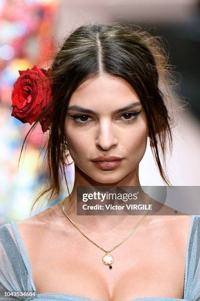 Emily Ratajkowski walks the runway at the Dolce & Gabbana Ready to Wear fashion show during Milan Fashion Week Spring/Summer 2019 on September 23,...