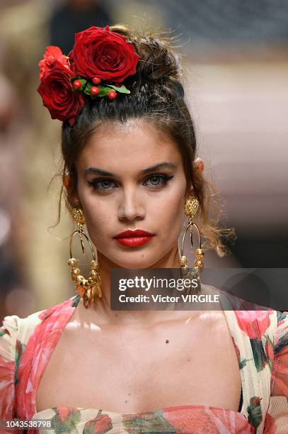 Sara Sampaio walks the runway at the Dolce & Gabbana Ready to Wear fashion show during Milan Fashion Week Spring/Summer 2019 on September 23, 2018 in...