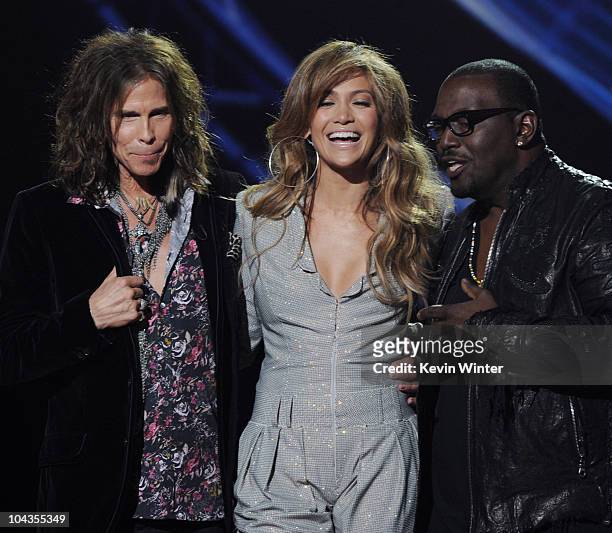 Singers Steven Tyler, Jennifer Lopez and musician Randy Jackson appear onstage at a press conference to officially announce the season 10 "American...