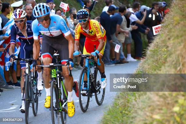 Alejandro Valverde of Spain / Michael Woods of Canada / Romain Bardet of France / Fans / Public / during the Men Elite Road Race a 258,5km race from...