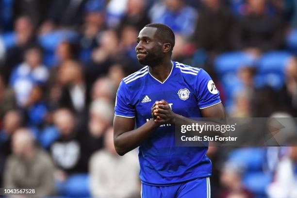 Sol Bamba of Cardiff City looks dejected after the Premier League match between Cardiff City and Burnley FC at Cardiff City Stadium on September 30,...