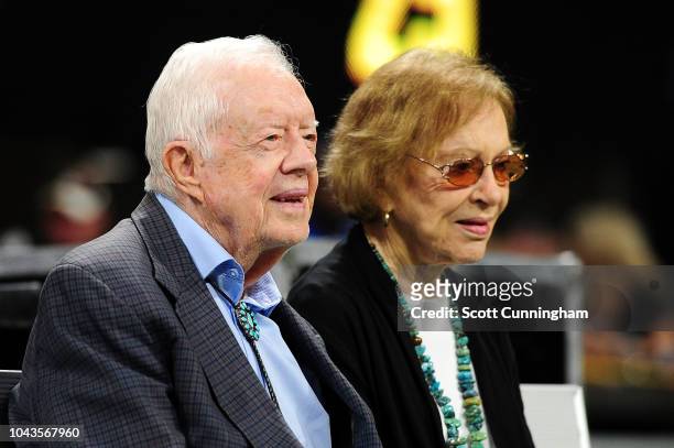 Former president Jimmy Carter and his wife Rosalynn prior to the game between the Atlanta Falcons and the Cincinnati Bengals at Mercedes-Benz Stadium...