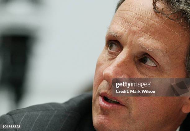 Treasury Secretary Timothy Geithner speaks during a House Financial Services Committee hearing on September 22, 2010 in Washington, DC. The committee...