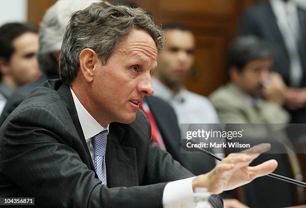 Treasury Secretary Timothy Geithner speaks during a House Financial Services Committee hearing on September 22, 2010 in Washington, DC. The committee...