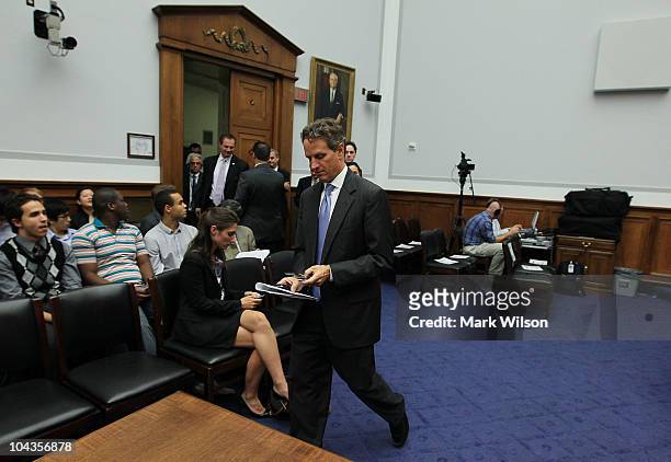 Treasury Secretary Timothy Geithner arrives at a House Financial Services Committee hearing on September 22, 2010 in Washington, DC. The committee is...