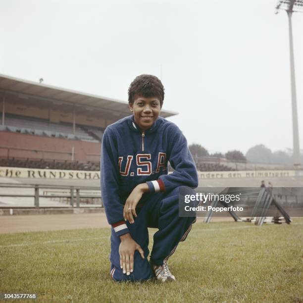 American athlete and sprinter Wilma Rudolph posed at an athletics track in October 1960. Wilma Rudolph has recently won three gold medals, in the...